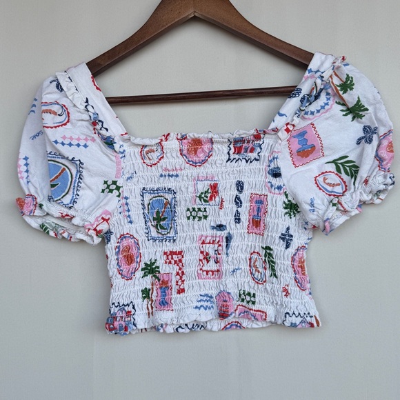 Monteau Italy Linen Blend Smocked Puff Sleeve Crop Top S - Picture 5 of 7